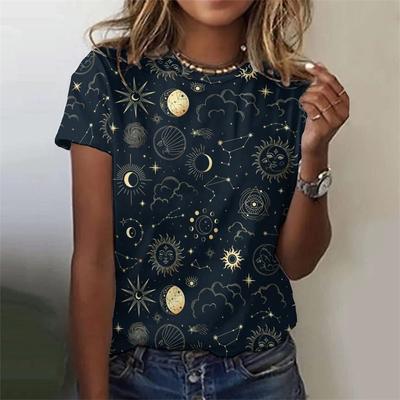 Summer Casual Loose Round Neck Short Sleeves Tops 3D Printed Sun Stars Moon T-shirts Starlit Sky Graphic Women's T-shirts