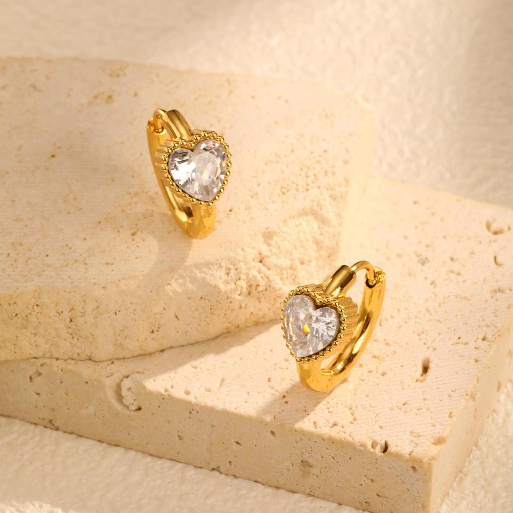 Heart Shape Cubic Zirconia Golden Hoops Earrings Women, Waterproof Stainless Steel Circle Huggies Small Ear Buckle Female Gift