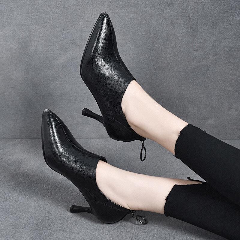 Pointed High-heeled Deep-mouth Single Shoes, Spring New First-layer Cowhide Iron-wrapped Pointed Rear Zipper Women's Shoes