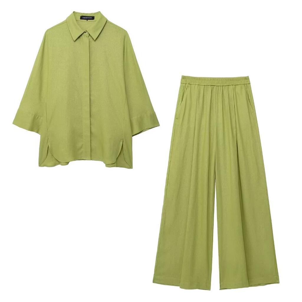 Women 2 Piece Set Elastic Waist Pocket Folds Decorate Wide Leg Pants+Solid Single-Breasted Slit Hem Blouse Top