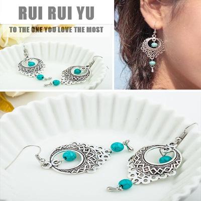 RUI RUI YU Damen-Ohrringe im Retro-Ethno-Stil, hohler türkisfarbener Tropf-Ohrhänger-Schmuck