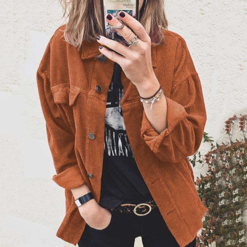 Giacca Camicia da Donna a Revers a Manica Lunga in Velluto a Coste con Bottoni, Vestibilità Larga, Spessa a Righe, Casual Shacket per Primavera Autunno