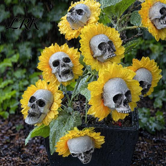 Halloween Lawn Decoration Sunflower Skull Ornament, Theme Garden Decor, Potted Resin Flower Pot Plant Waterproof Outdoor Decoration, for Patio