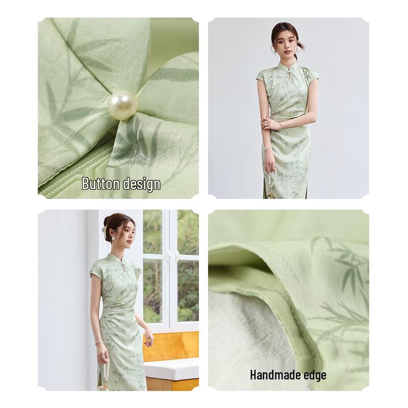 VICTORIA&VERA Summer New Chinese Style Emerald Green Bamboo Print Side Slit Cheongsam Dress