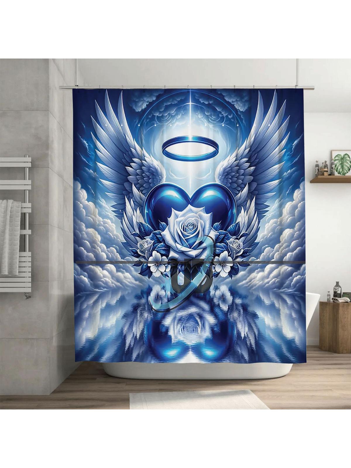 

Blue Angel Wings and Heart Waterproof Shower Curtain Heat Resistant Machine Washable Non-Transparent 180x180cm 90X180cm(35x70in)