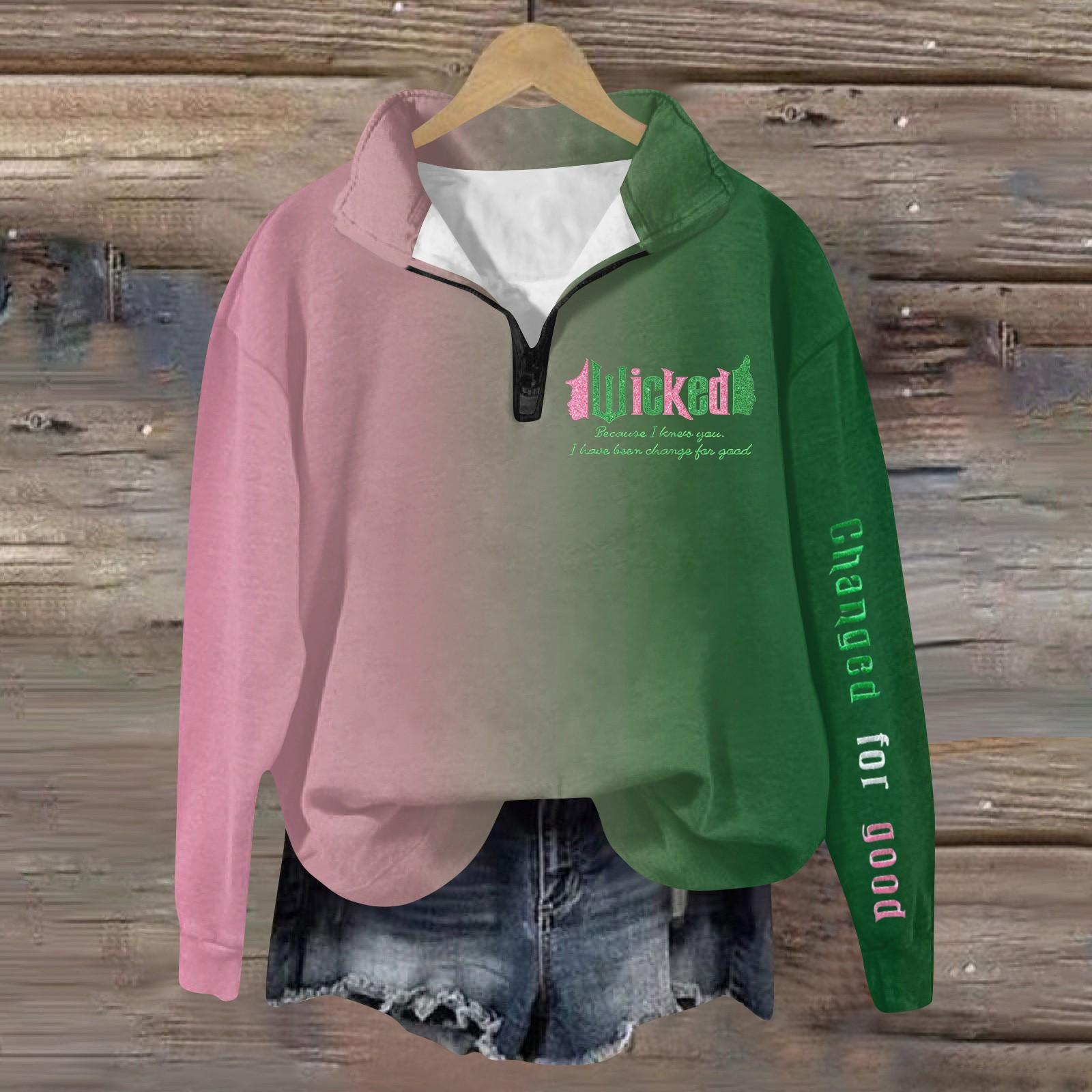 Women s Fashion All- Long Sleeve Witch Printed Zippered Hoodie Top L