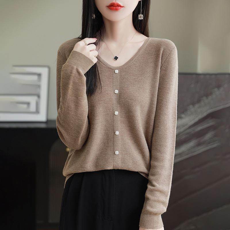 Women's 100% Fine Wool V-neck Loose Cardigan - Single-Breasted Solid Color, Casual Fashion