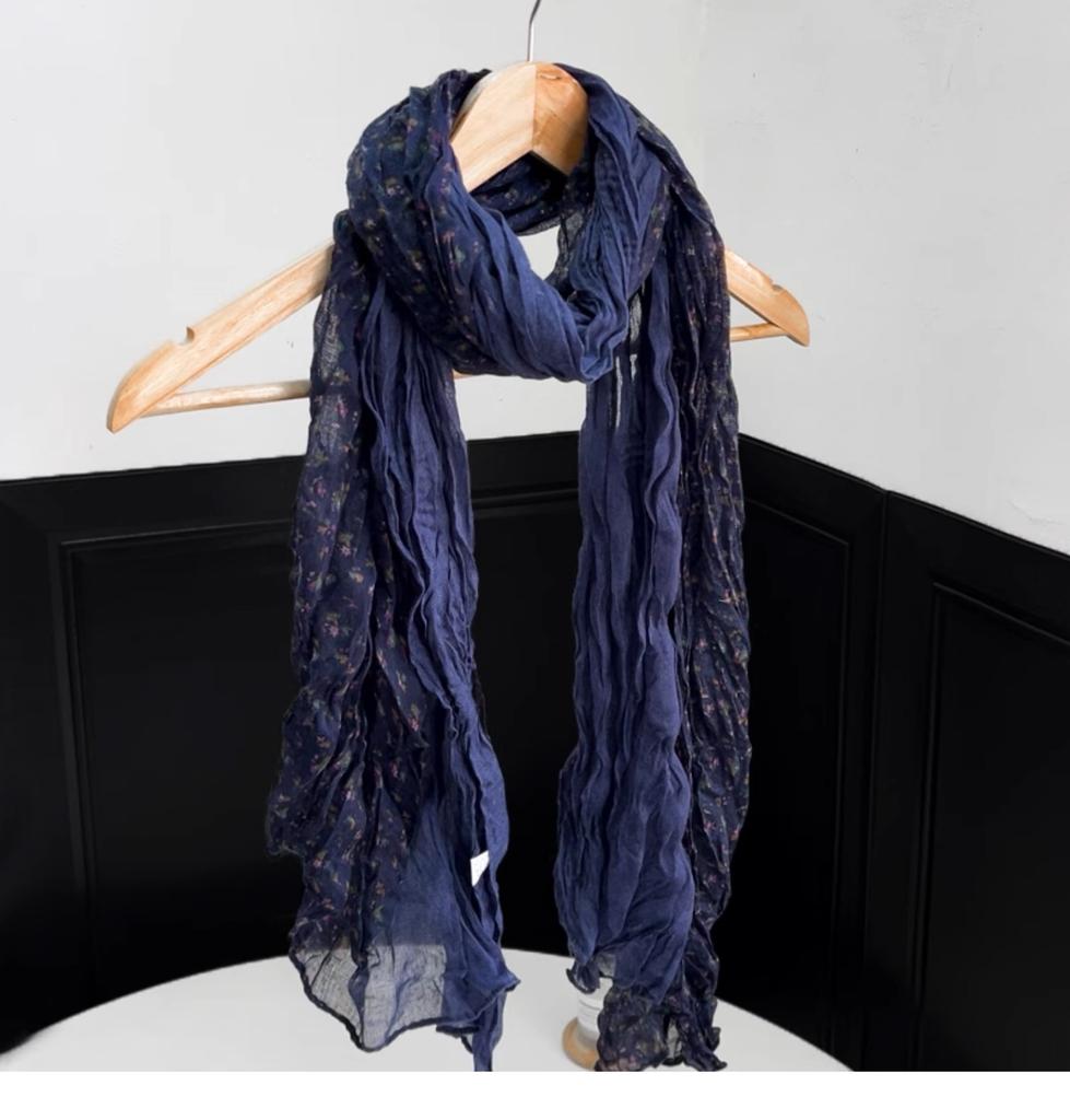 Artistic Vibe - Cotton And Linen Floral Pleated Scarf, Perfect For Travel Photos, Lightweight Shawl, Neck Warmer, And Stylish Neck Protector.