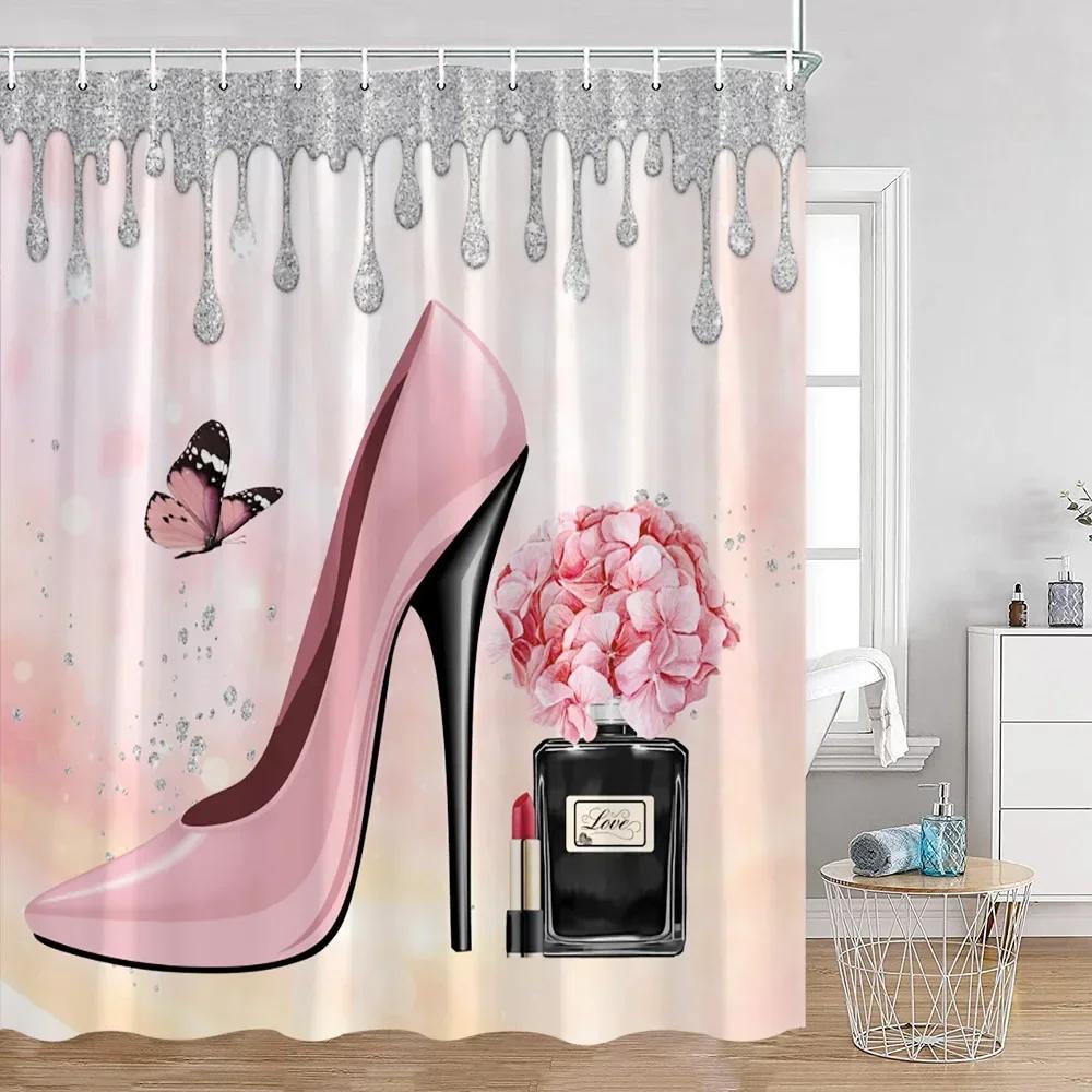 Pink Perfume Shower Curtain Cosmetic Lip Flower Panther Pattern Bathroom Decorations Shower Curtain W90XH180cm