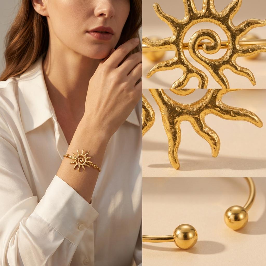 Light Luxury Stainless Steel Flower Sun Shell Open Bangle for Women Stackable Seaside Vacation Party Jewelry Accessories