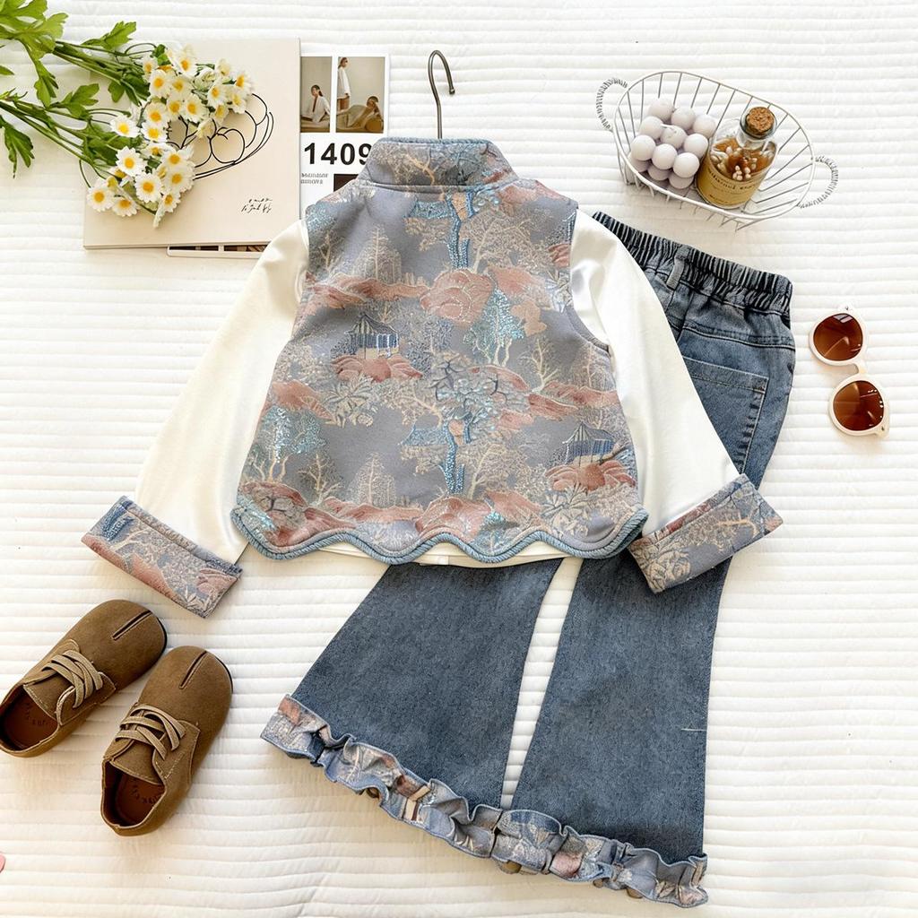 Girls' Butterfly Wood Ear Ruffle Vest Long-Sleeve Shirt and Pants Set, Autumn 2026 Three-Piece Outfit
