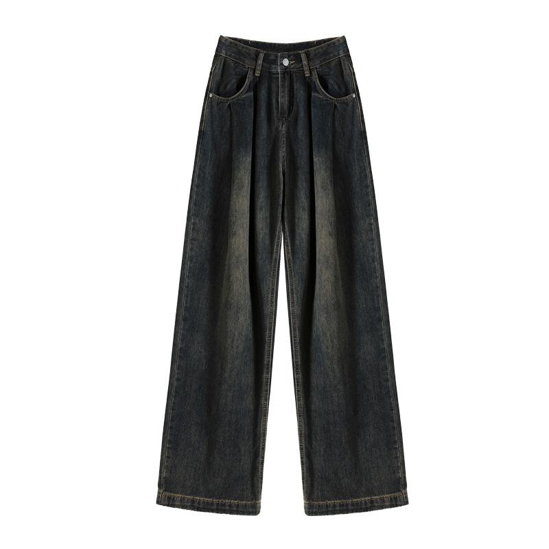Wide-leg Drooping Jeans for Women In Autumn High Waist Pleated Design New Loose Slimming Straight Floor Pants