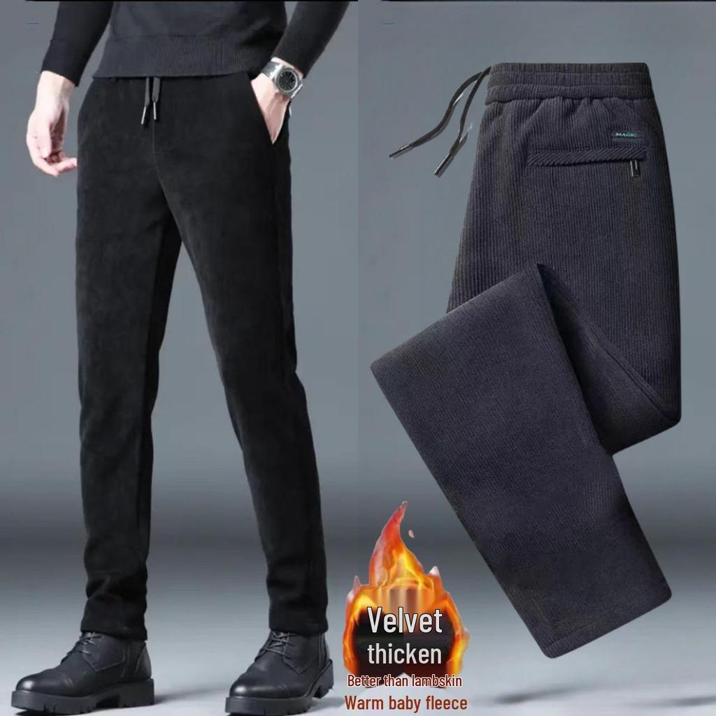 Men's Large Corduroy Warm Winter Casual Straight-Leg Pants with Velvet Lining