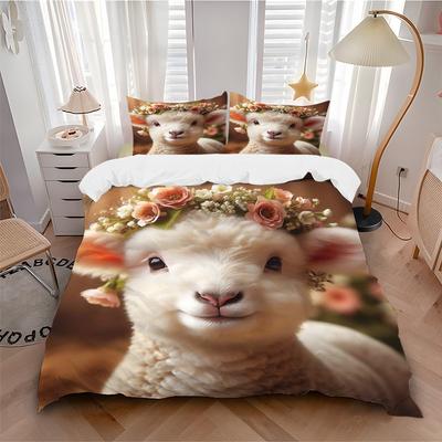 3pc Anime Lamb Floral Crown Bedding Set, Includes One Quilt Cover and Two Pillowcases (No Core), Polyester Fabric, Perfect for Bedroom and G