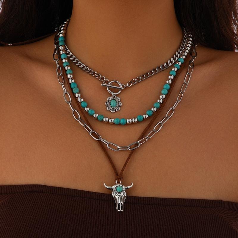 Retro Beaded Geometry Turquoise Necklace Adjustable Length Neckchain Women's Fashion Accessories for Casual Occasions