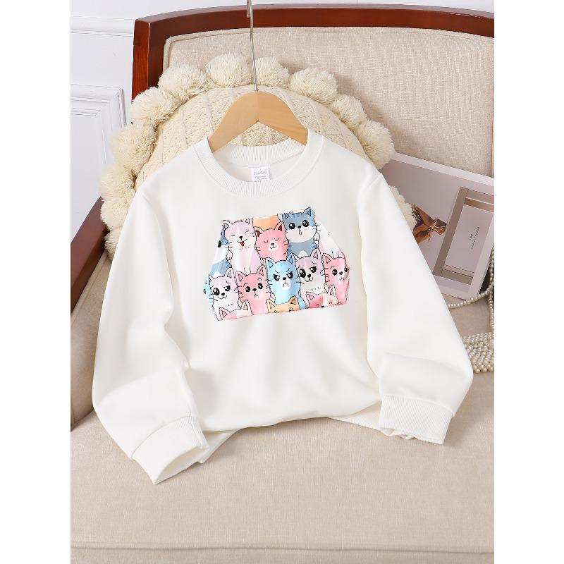 European Sizes Cute Cats Pattern Print Girls' Crew Neck Fashion Sweatshirt, Western Top, Children's Long Sleeved Casual Tee