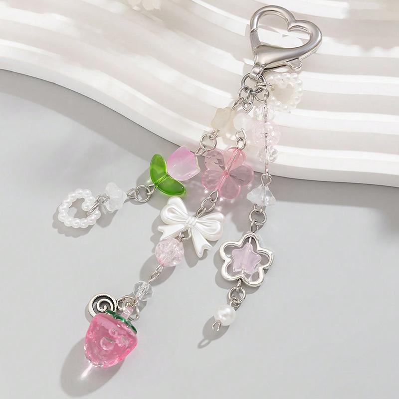 Imitation Pearl Bow Heart Pendant Bag Pendant Pink Strawberry Hollow Flower Tulip Beaded Keychain Accessories