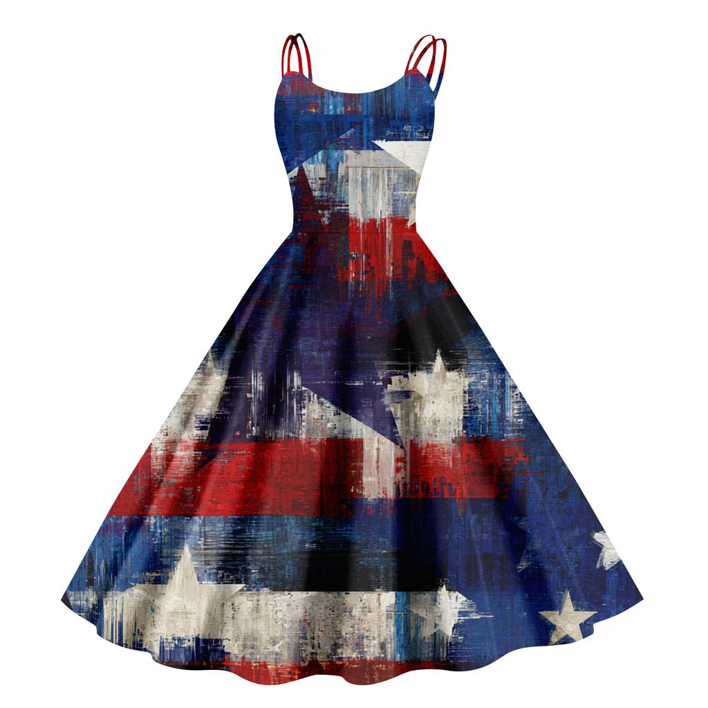 Sleeveless Spaghetti Strap Dress with Butterfly and Star Print Vintage A Line Swing Midi Dress for Women Casual Summer Outfit
