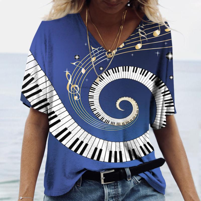 Women' T-shirt Piano 3d Print Everyday Casual Wear Oversized-shirt Funny Short Sleeve T-shirt V-neck Clothing Fitness Sweatshirt