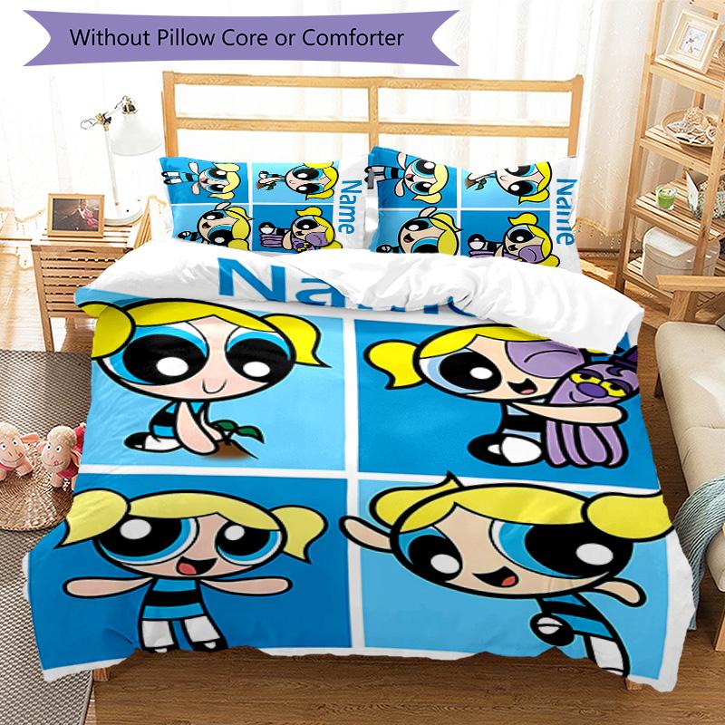 3pcs The Powerpuff Girls5 Cover Set - Personalized Name, HD Printed Bedding with 1 Cover and 2 Pillowcases - Perfect for Home Decor, Easy Care