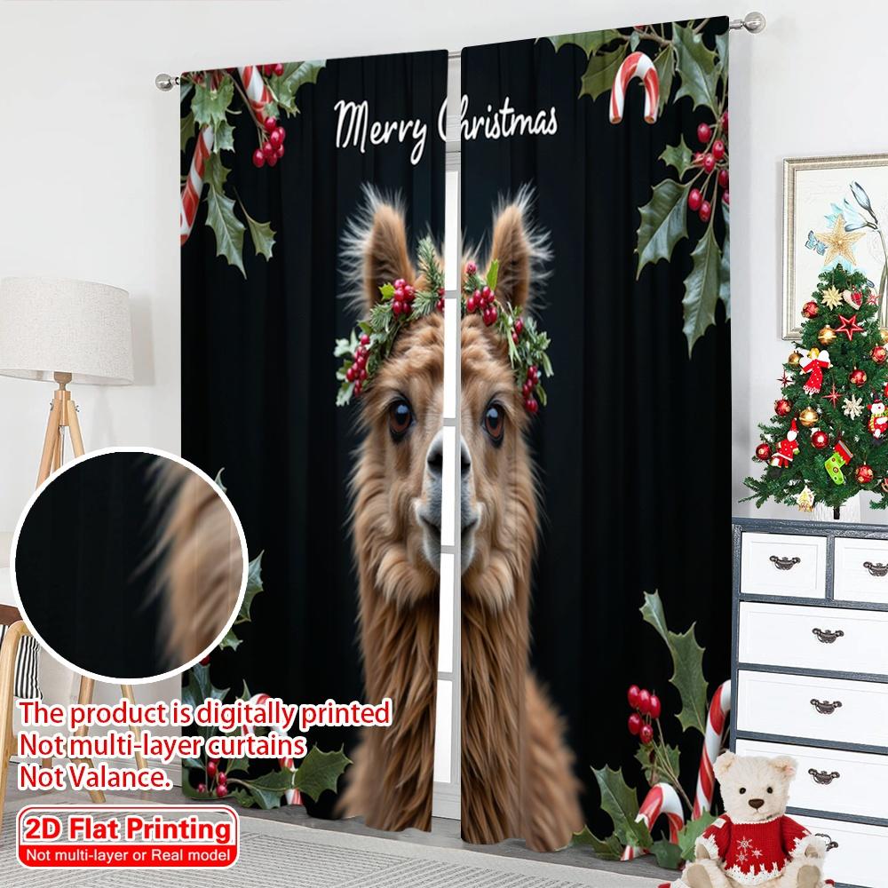 2 Stück 2D Flachdruck Weihnachts Vorhänge Frohe Weihnachten Alpaka Geschenke Polyestergewebe Ohne Strom Familienfeier Verwendung für