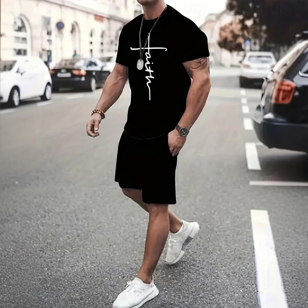 Men's Graphic 2pcs Tees sets Summer Tops Short Sleeve Short Pants Crew Neck Sport Casual Casual Going out Streetwear 3D Print Summer Grey Black Red