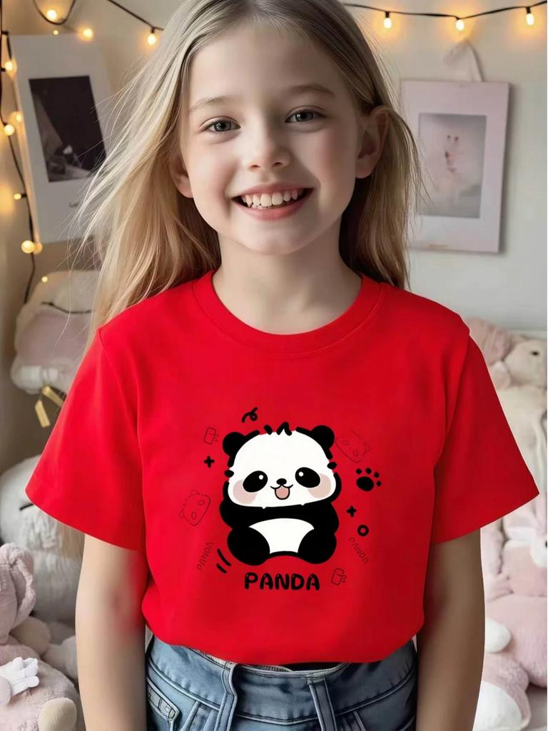 Süßes Cartoon-Panda-Print Kinder Kurzarm-T-Shirt Rundhalsausschnitt Lässiges Sommer-Top Süße Tier-Grafik Kinder-T-Shirt Für Jungen Mädchen