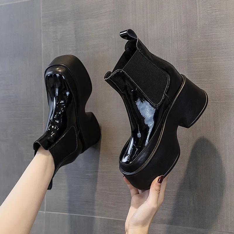 Fashion 11cm Rotro Genuine Leather Women Mid Calf Motorcycle Boots Platform Wedeg Lace Up Slip On Spring Autumn Winter Comfy Shoes