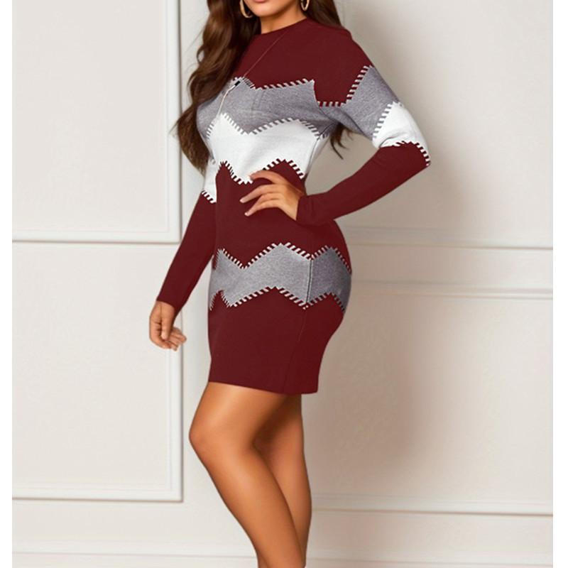 2025 Damen Bodycon Strickkleid, Mittellanges bedrucktes Pulloverkleid mit Rundhalsausschnitt & langen Ärmeln, Hüftbetonender Unterrock für Herbst Winter