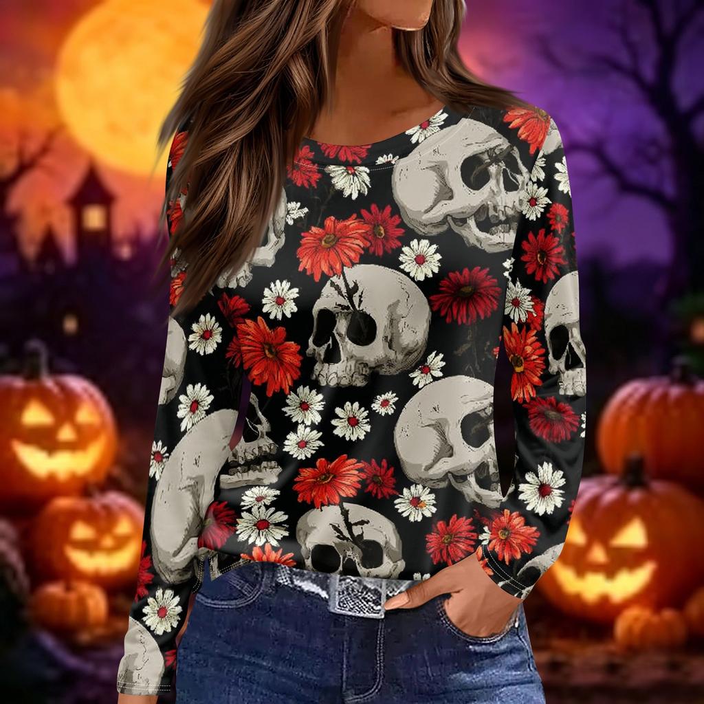 Women's Fashion Print Long Sleeve Top with Round Neck and Side Slits