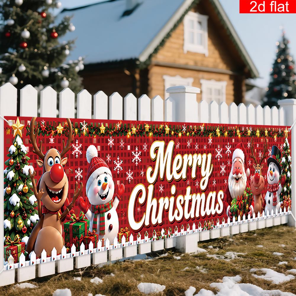 Merry Christmas Yard Sign Party Banner, Cartoon Santa Red Nose Reindeer Snowman Red Plaid Design, Polyester Outdoor Decoration