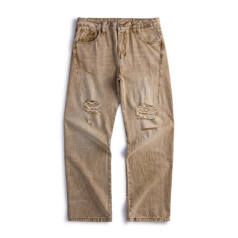 

Джинсы мужские свободные прямые старые выстиранные длинные штаны рваные штаны 40