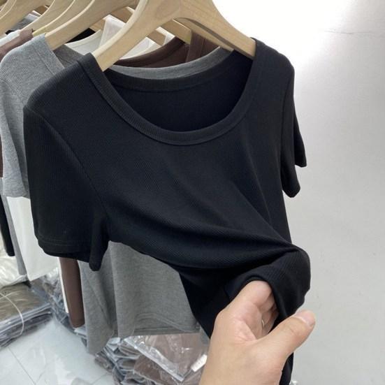 Tee Shirt O-Neck Short Sleeve Ribbed Women T-shirt Summer Top Solid Color Slim Fit Streetwear Blouse