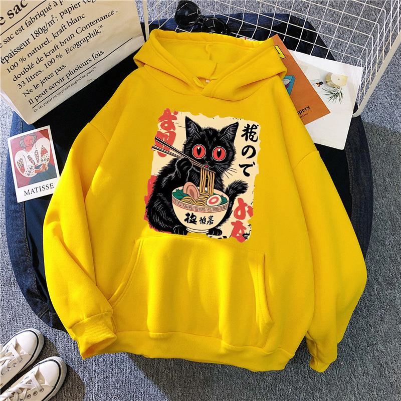 Women Japanese Black Cat Ramen Hoodies Cute Graphic Sweatshirts Funny Cat Eating Ramen Hooded Printing Long Sleeve Vintage
