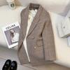 Women's 2025 Winter Brown Woolen Herringbone Suit Jacket - British Style, Retro, Loose Fit