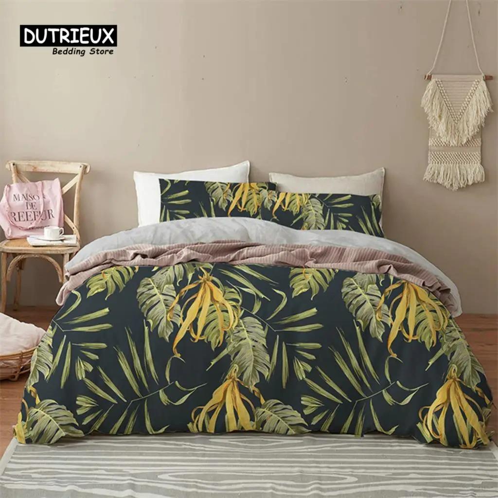 Green Palm Leaf Floral Bedding Set Tropical Leaves Flowers Animals Duvet Cover Microfiber Comforter Cover For Adults Kids Decor