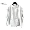 Men Summer Vest Hooded Zipper Half Placket Sleeveless Hip Hop Style Vest Jacket Solid Color Quick-Drying Large Pockets Waistcoat