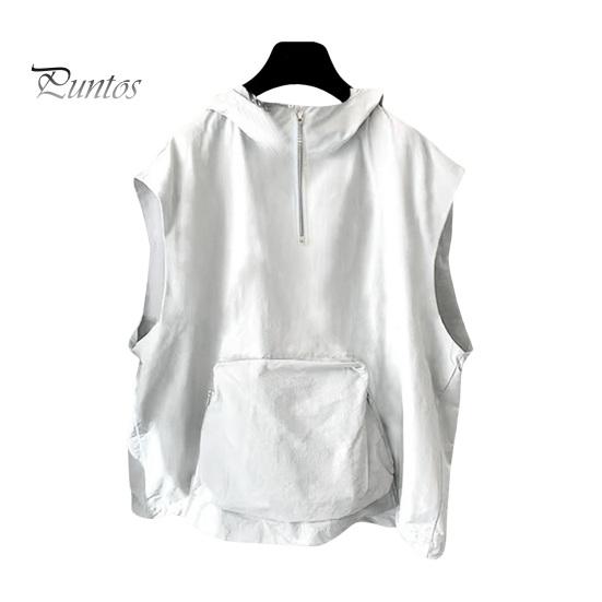 Men Summer Vest Hooded Zipper Half Placket Sleeveless Hip Hop Style Vest Jacket Solid Color Quick-Drying Large Pockets Waistcoat