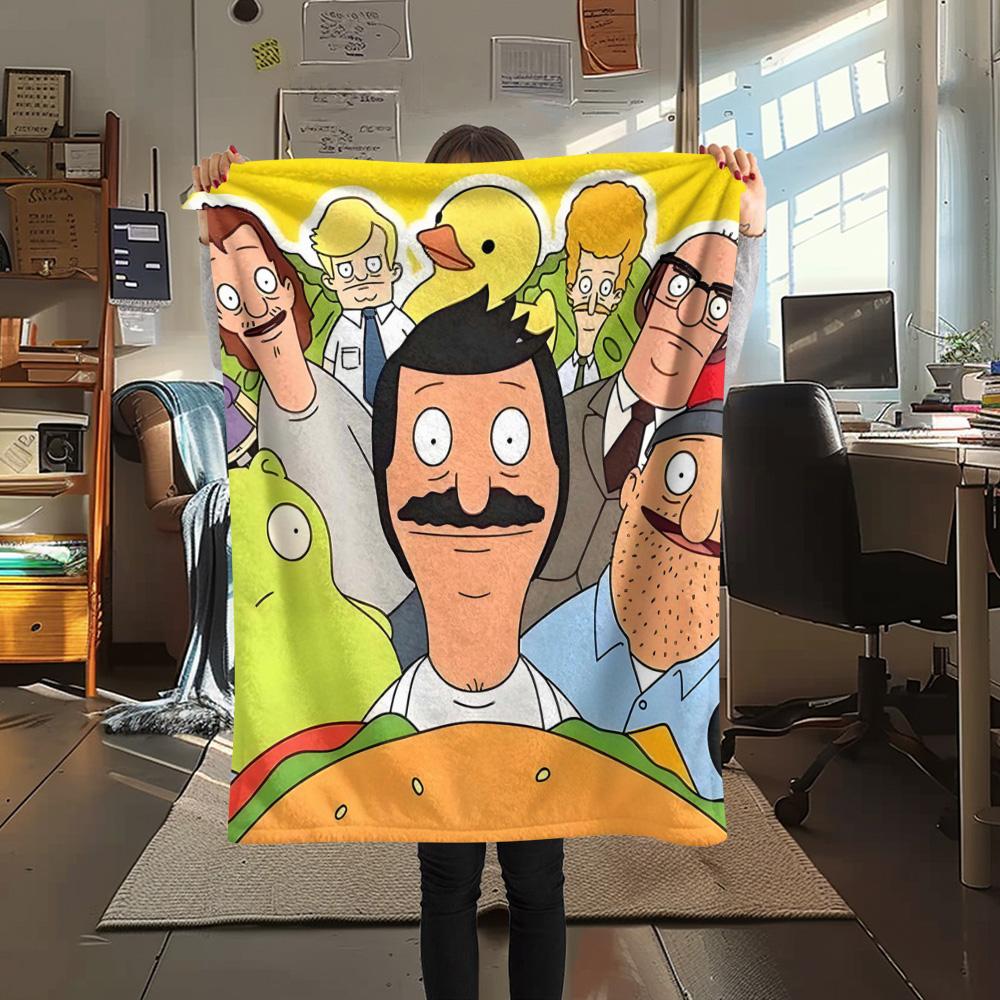 1PC Happy Burger Shop Print FlAannel Blanket, High quality Comfortable for All Seasons, Home Decor, Warmth and Comfort