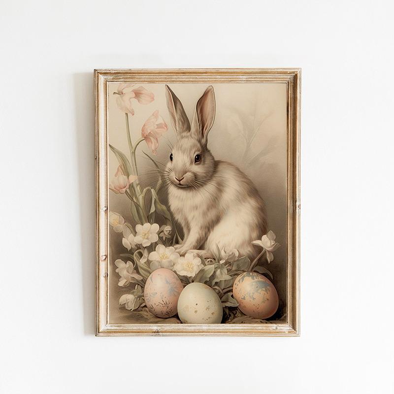 Vintage Easter Cute Little Rabbit Wildflower Posters and Prints Canvas Printing Wall Art Picture for Living Room Home Decoration