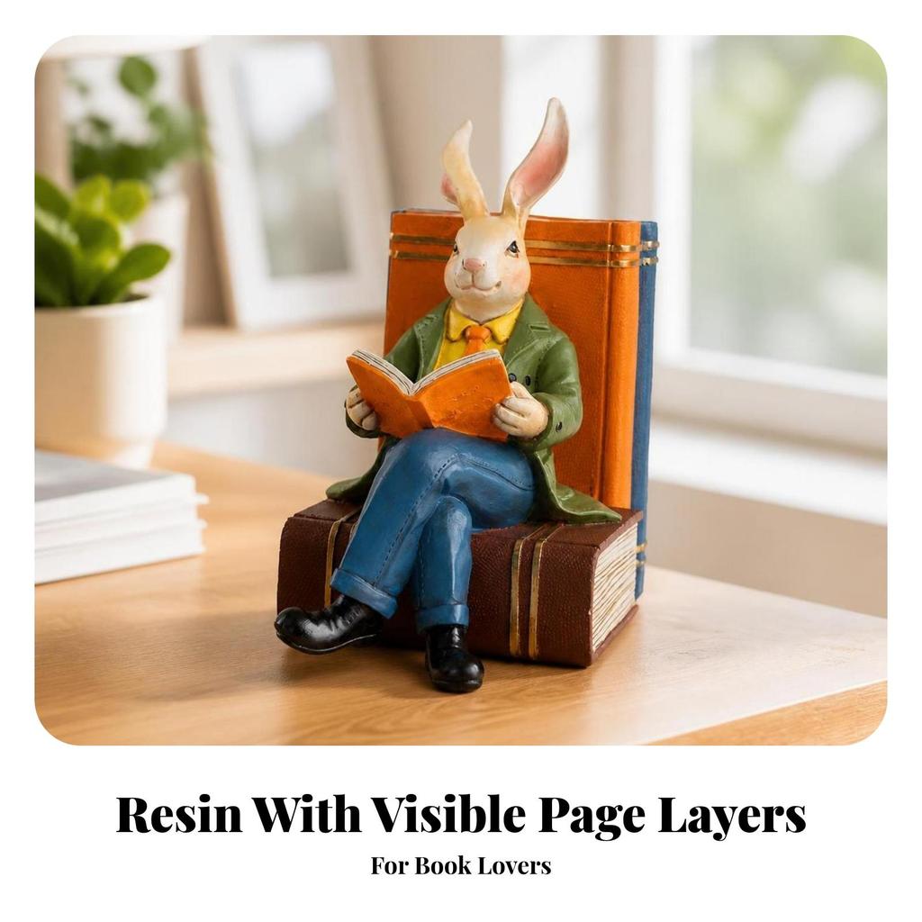 Rabbit Figurine with Books Whimsical Decor Gold for Reading Nook, Avid Readers