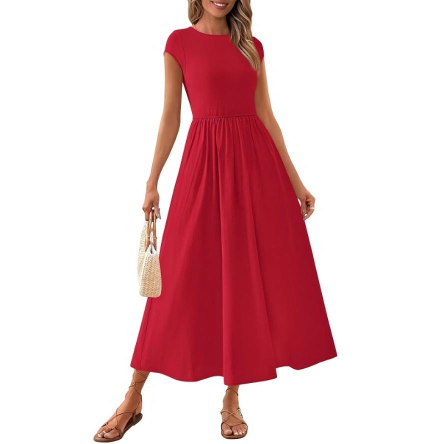 YYFS Dámská móda Léto Jaro Jednobarevný potisk Neformální šaty s krátkým rukávem do O-výstřihu a vysokým pasem