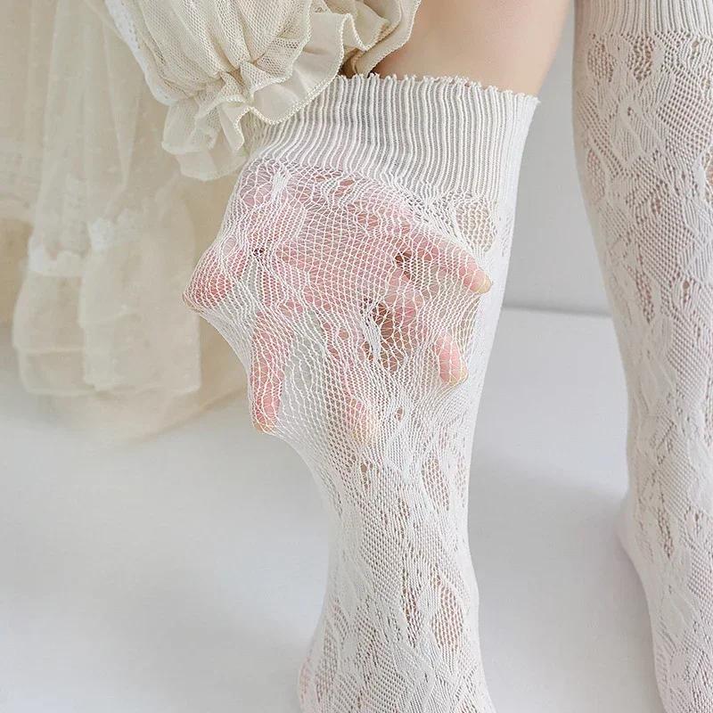 Lace Thin Calf Sock for Kids Girl Simplicity Chic Floral Heart Children's Sock Nylon Elastic Mesh Breathable School Sock
