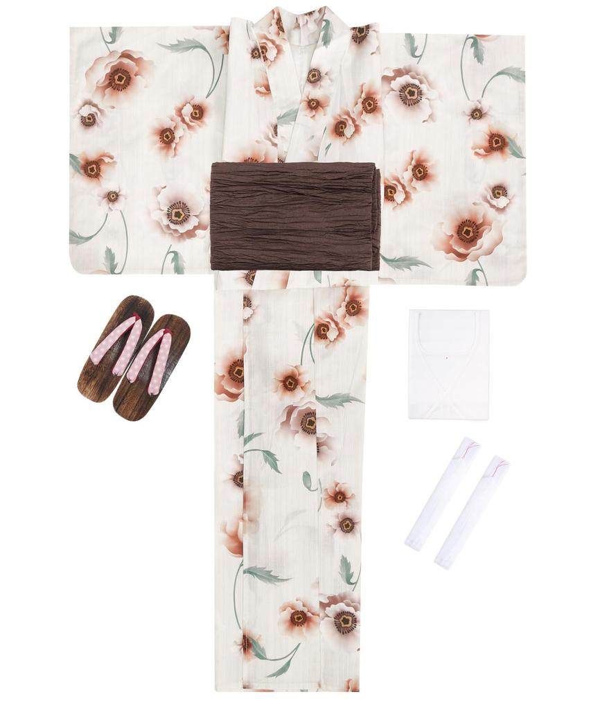 Yukata Change Set Heiko H Caramel One Size Fits [KYOETSU] Set, Weave, Unbleached, 6-piece (yukata, Obi, Underwear, Geta, Waistband) Women's (2.