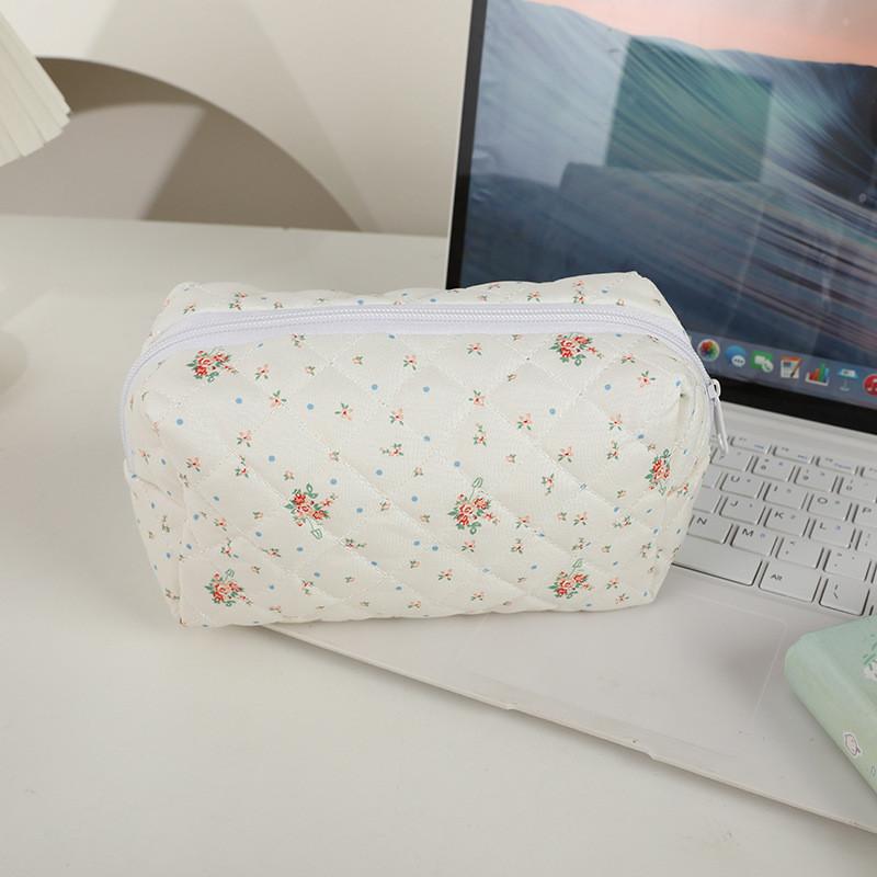 Floral Cotton Fabric Makeup Bag With Zipper Storage For Women And Teens