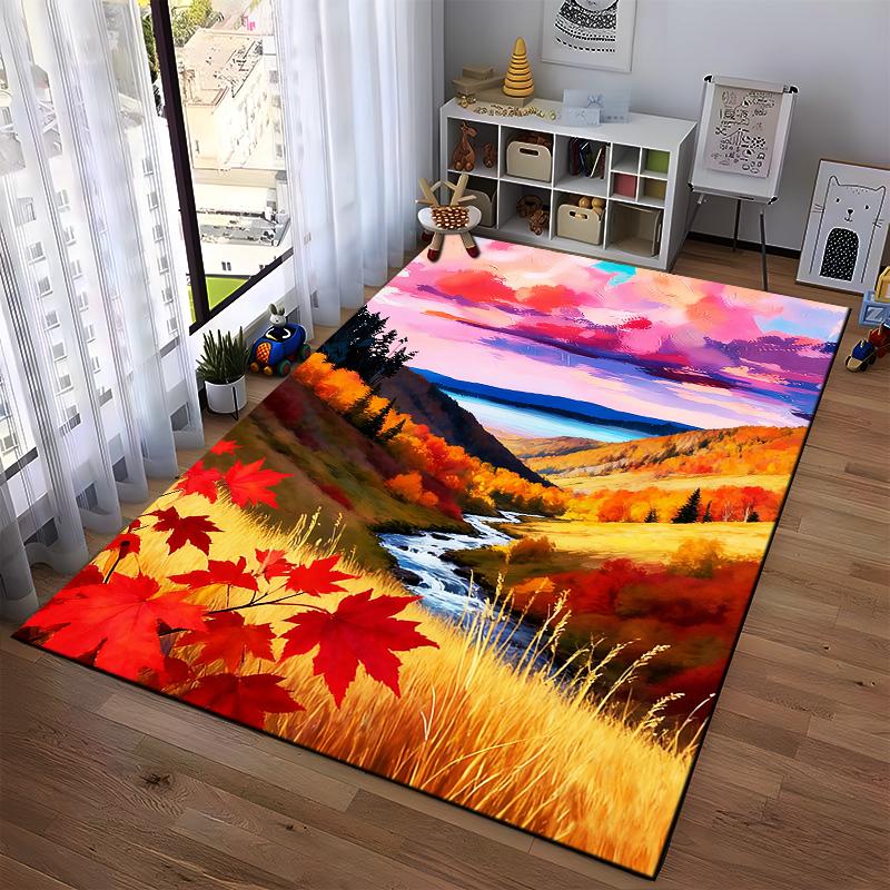 Autumn Landscape Carpet with Red Maple Leaves and Mountain Stream Suitable for use as an anti-slip for living room bedroom sofas