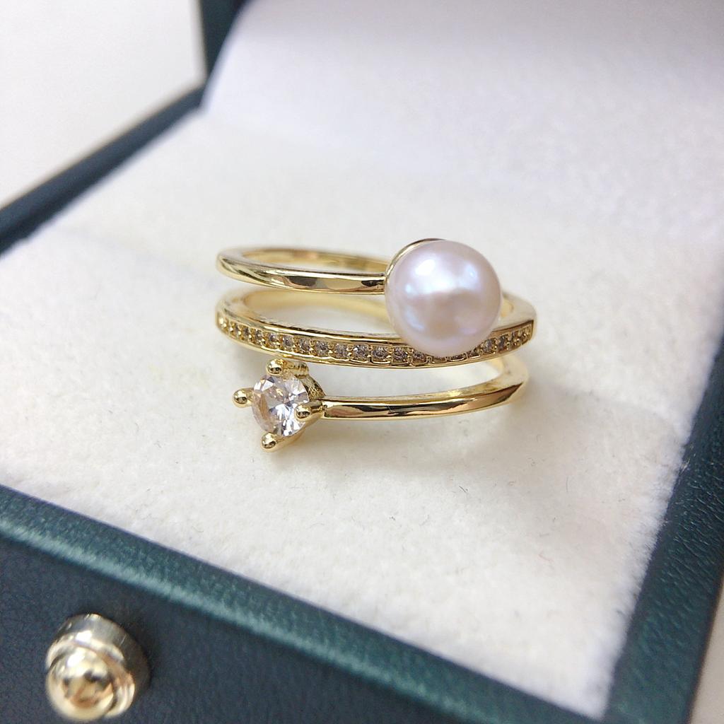 Natural Freshwater Pearl Loop Ring, Pearl Fashion Multi-layer Zircon Minimalist Gift Ring