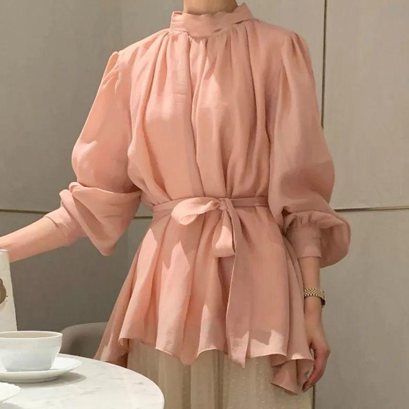 Women's French Style Ruched Long-Sleeve Waist-Slimming Blouse, Spring/Autumn 2025 Trend