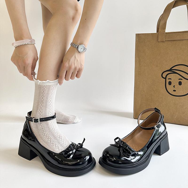 Fashion Women Shoes 2025 Spring Pumps Mary Jane Black Heels Chunky Sandals Latest Lolita Block Bow Retro Leather New Butterfly-knot