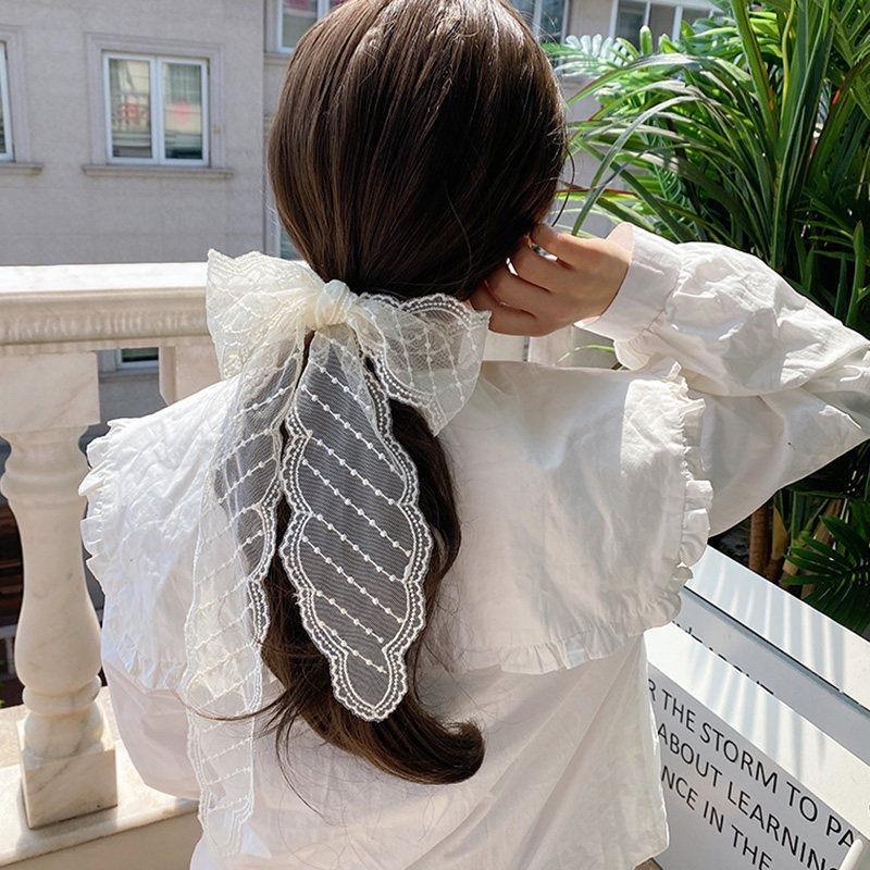 Fashion White Lace Embroidery Head Scarf for Women Korean Hair Scarf Long Ribbon Bowknot Hairbands Y2K Headwear Accessories